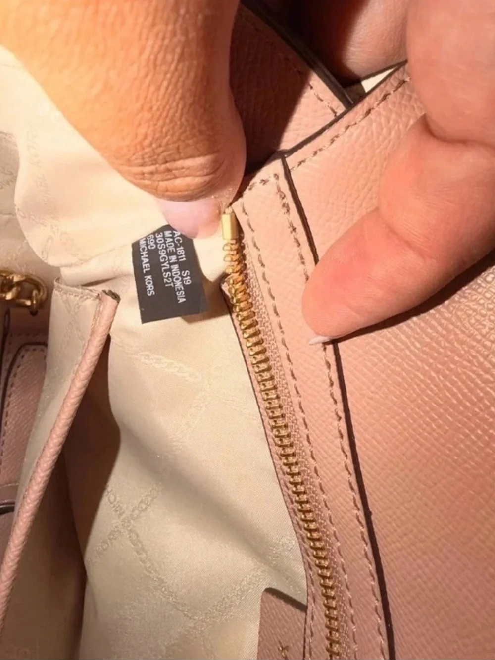 Michael Kors Pale Pink and White Saffiano Leather Satchel with Gold Chain